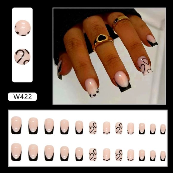 🖤 NEW Black Hearts French Tip Press Medium Nails💅🏻 - Picture 2 of 5